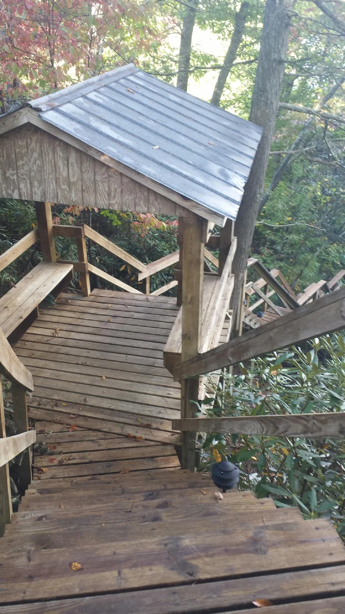 Metal roofed shelter over wooden steps on a wooded walkway — Skylight Repair & Installation work by our crew in Eltopia